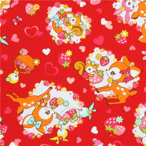 red Cosmo fabric deer squirrel strawberry Japan 1