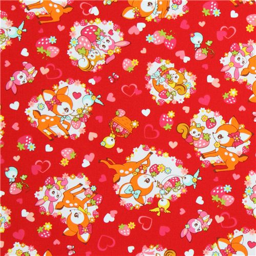 red Cosmo fabric deer squirrel strawberry Japan 2