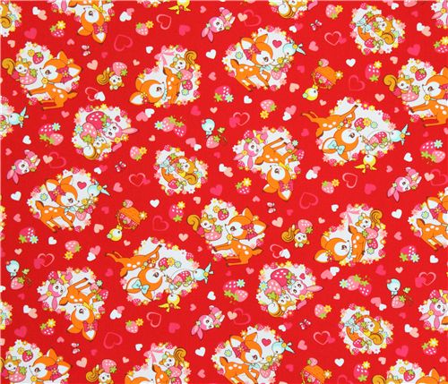 red Cosmo fabric deer squirrel strawberry Japan 3