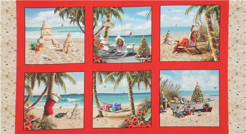 red Elizabeth's Studio Christmas at the beach panel fabric Fabric