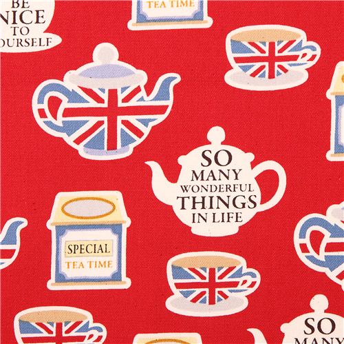 Tissu Oxford Kokka rouge England Tea Time London, théières Tissu