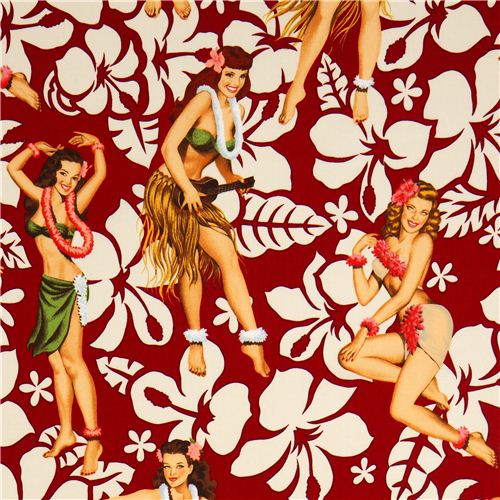 red Hawaii Pin up women fabric by Alexander Henry Fabric