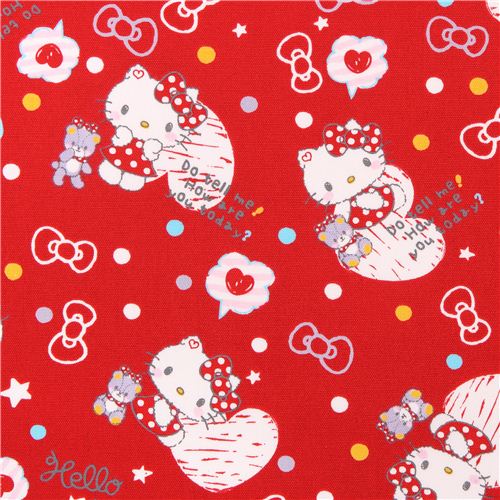 Tissu Oxford rouge Hello Kitty avec des coeurs et des confettis par Sanrio Japon