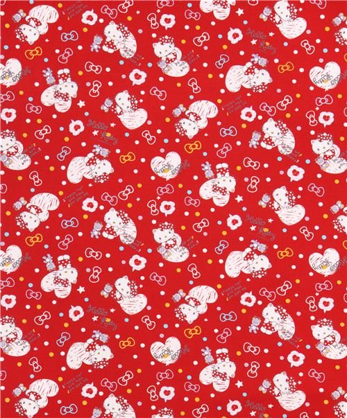 Tissu Oxford rouge Hello Kitty avec des coeurs et des confettis par Sanrio Japon 0