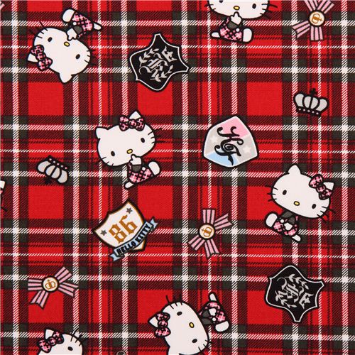 Tissu Oxford rouge à carreaux écossais avec Hello Kitty par Sanrio Japon