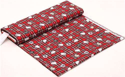 Tissu Oxford rouge à carreaux écossais avec Hello Kitty par Sanrio Japon 0
