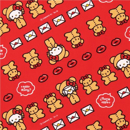 Tissu lamin rouge avec des Hello Kitty en oursons et des lvres par Sanrio Tissu