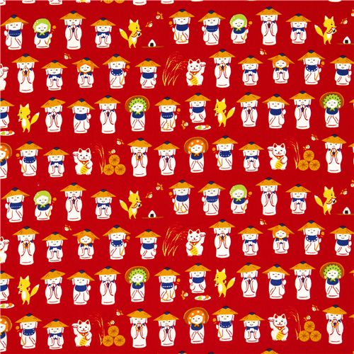 red Japanese fabric Lucky Cat Jizo statues 2