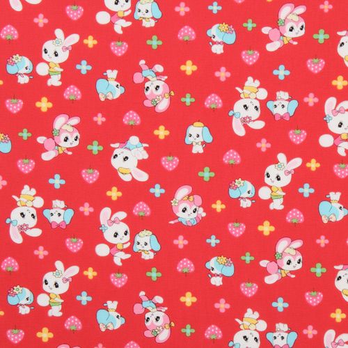 red Japanese fabric bunny doggy strawberry flowers 2