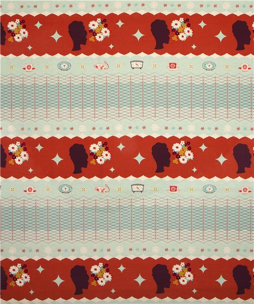 red Kokka retro fabric with clocks woman head Japan 2
