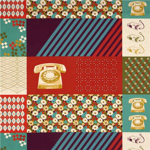 red Kokka retro fabric with phone flower rectangular 1