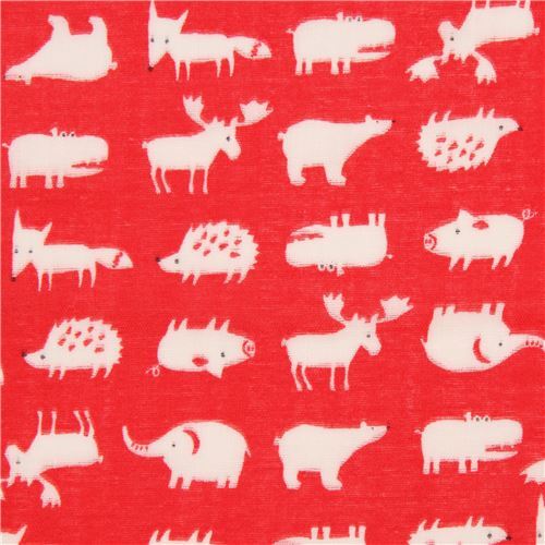 red Lecien Double Gauze fabric with off-white fox hippo bear animal Fabric