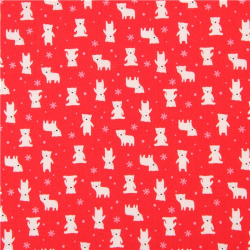 Tissu rouge Lecien avec des petits ours blancs et des flocons de neige roses Tissu