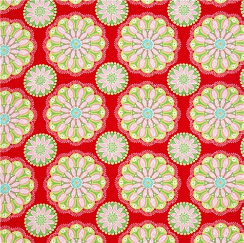 red Michael Miller Christmas fabric with flower ornaments 2