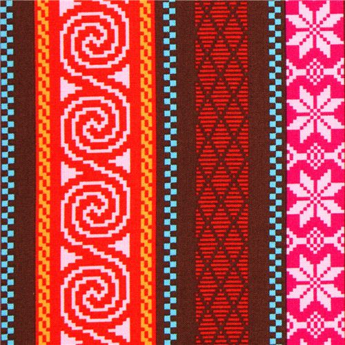red Michael Miller fabric with nordic patterns & stripes 1