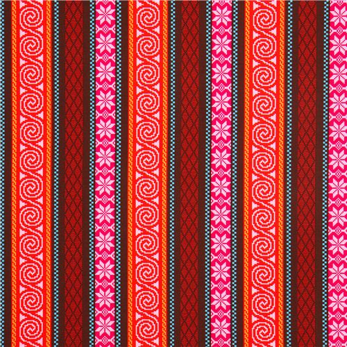 red Michael Miller fabric with nordic patterns & stripes 2