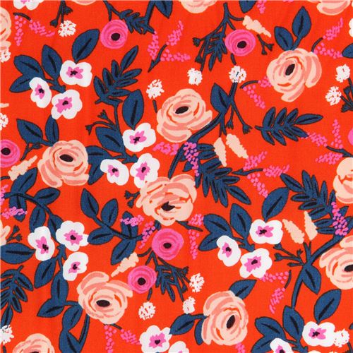 Tissu Cotton and Steel en rayonne rouge-orange avec des feuilles et des fleurs Tissu