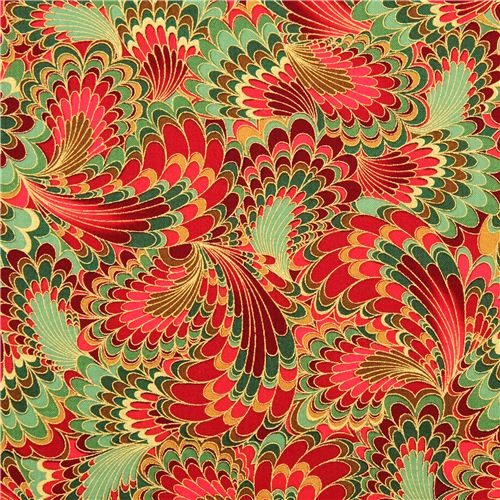 Tissu rouge et vert Palazzo Peacock avec des ailes par Timeless Treasures Tissu