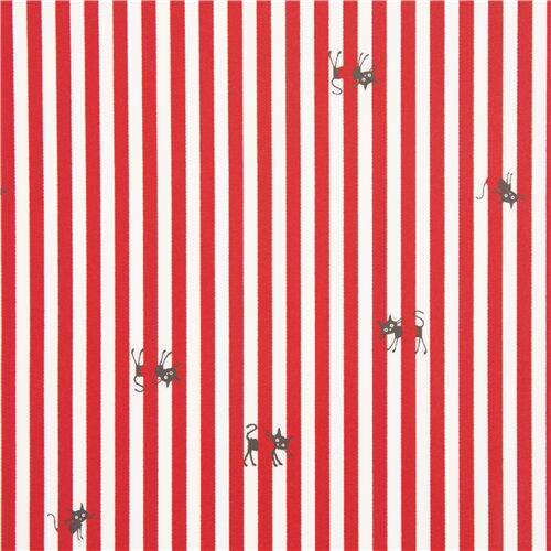 Rot-weiß gestreiftes Wachstuch aus Japan mit kleinen schwarzen Katzen verstecken Stoff