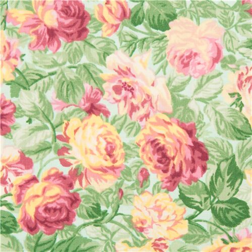 Tissu floral japonais bleu sarcelle roses rouges et jaunes sur un feuillage vert Tissu