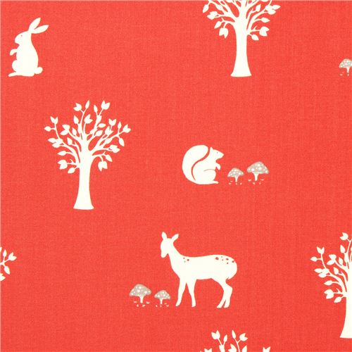 red birch organic fabric with squirrels, rabbits and bambis 1