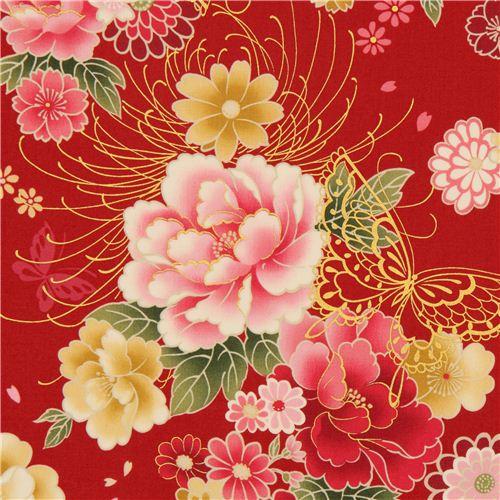 Tessuto rosso con farfale e fiori con motivi dorati, Kokka Tessuto