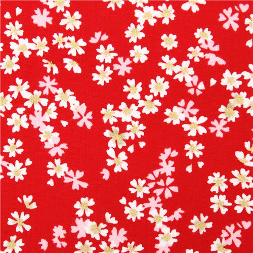 Tissu rouge, fleurs de cerisier Sakura, paillettes,Diary of a Geisha par StudioE Tissu