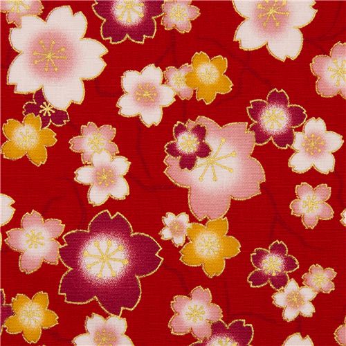 Tessuto popeline rosso con fioriture di ciliegio, Kokka Tessuto