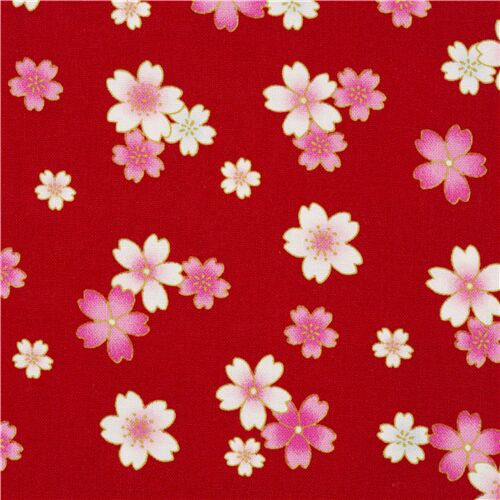 Tissu en coton rouge avec des fleurs de cerisiesr blanches et roses Tissu