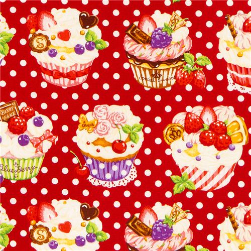 tessuto rosso a pois Cupcake Cosmo dal Giappone Tessuto