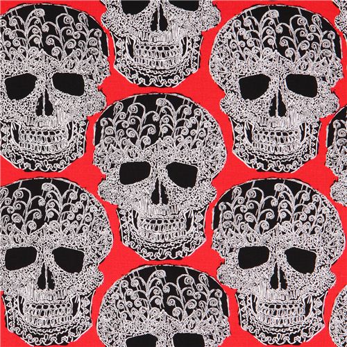 red fabric with black white Skulls 'Skull of Rock' Michael Miller  Fabric