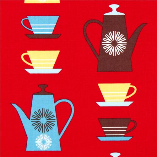 red fabric with coffee pots & mugs Realizzato da Robert Kaufman 1