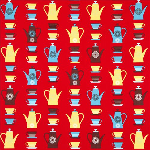 red fabric with coffee pots & mugs Realizzato da Robert Kaufman 2