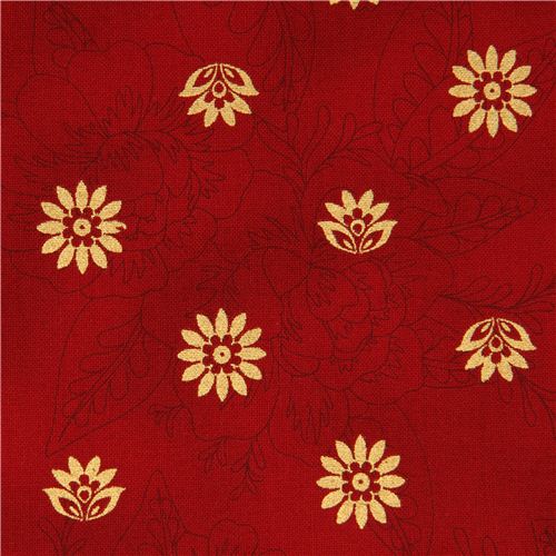 Tissu Robert Kaufman rouge avec des fleurs dorées Tissu