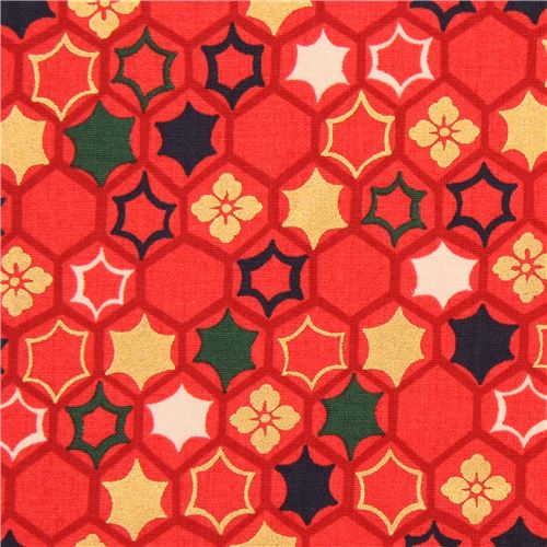 Tissu rouge, fleurs, hexagones, toiles, clats en toile et dorures mtalliques Tissu