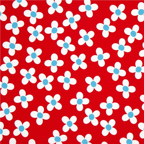 red flower organic fabric white daisies Robert Kaufman 2