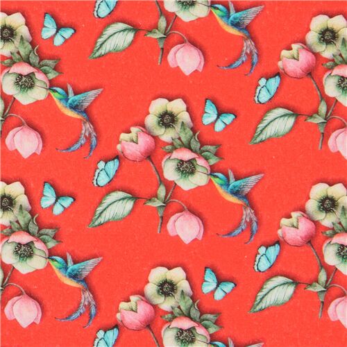 Roter Stoff mit Retro-Blumen und Kolibris Stoff