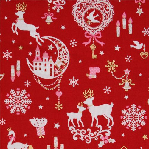 red kawaii Christmas fabric Bambi bunny glitter Japan Tessuto