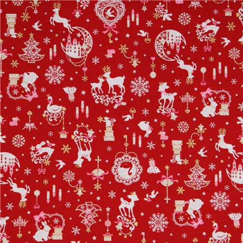 red kawaii Christmas fabric Bambi bunny glitter Japan 2