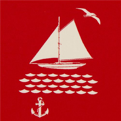 Tissu marin Birch bio rouge avec un voilier Into the Sunset Tissu