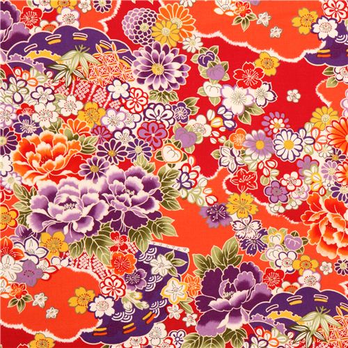 Tela oriental rojo anaranjado con flores Asia de Kokka de Japn Tela