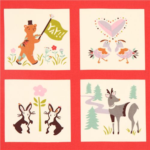 Tessuto organico patchwork rosso Birch animali foresta, USA Tessuto