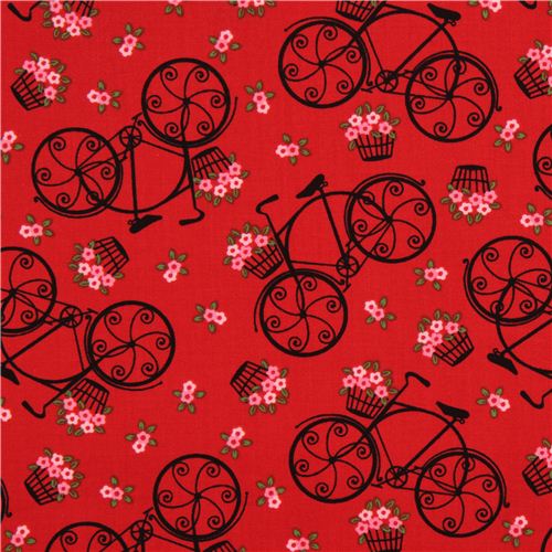Tissu Timeless Treasures rouge romantique avec des vélos Tissu