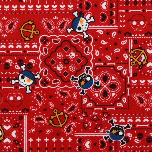 red skull fabric with pirate theme by Kokka Japan 1