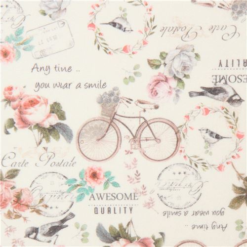 retro beige fabric by Stof France with bicycles and flowers Fabric