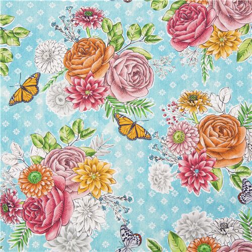 Blushing Bouquet Riviera Roses Butterflies Fabric