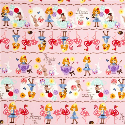 rose girl oxford fabric rabbit flamingo Kokka 2