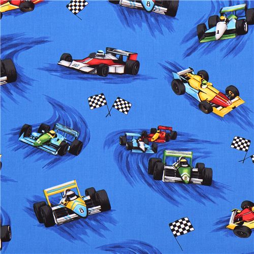 royal blue racing car car sports fabric Robert Kaufman Pedal to the Metal Fabric