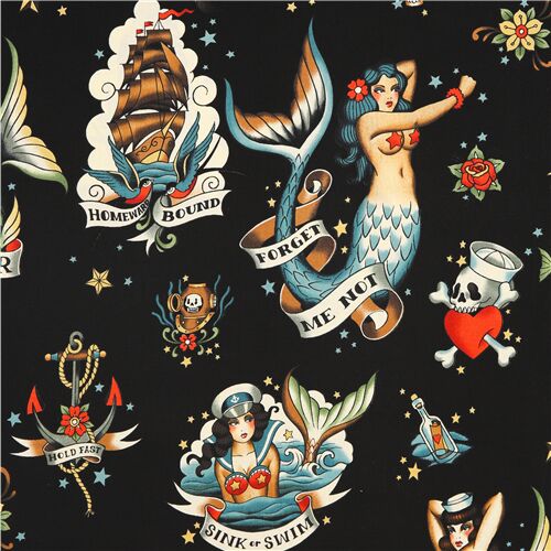 Stoffrest (50 x 112 cm) - Matrosenstoff in Schwarz mit Meerjungfrauen-Pin-Ups von Alexander Henry
