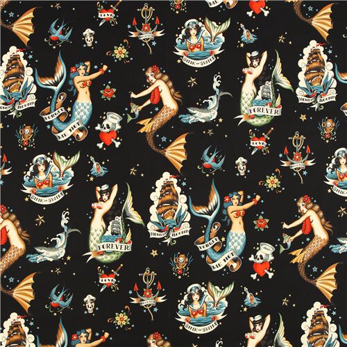 Stoffrest (50 x 112 cm) - Matrosenstoff in Schwarz mit Meerjungfrauen-Pin-Ups von Alexander Henry 4